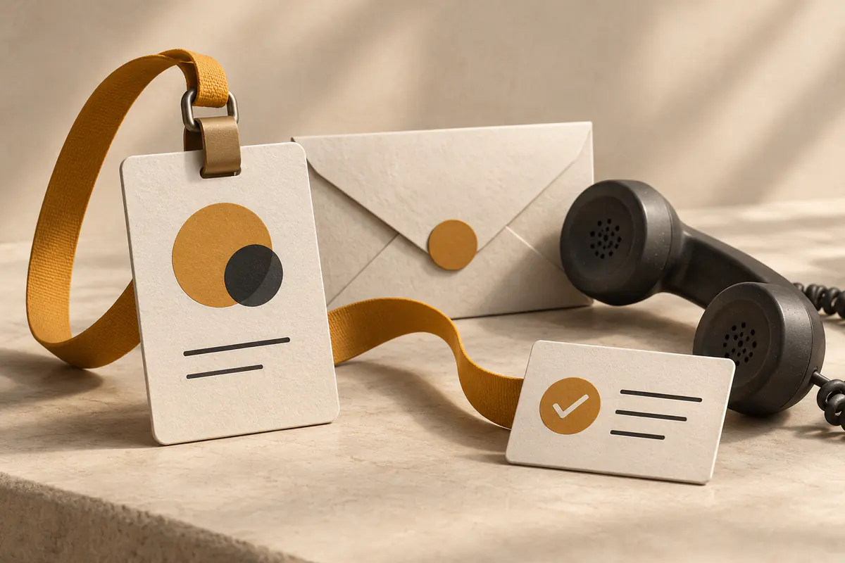 A blank professional identity badge with a simple abstract circle mark beside a dedicated envelope and telephone handset, linked by a paper ribbon to a checked task card, assistant contact identity without people.