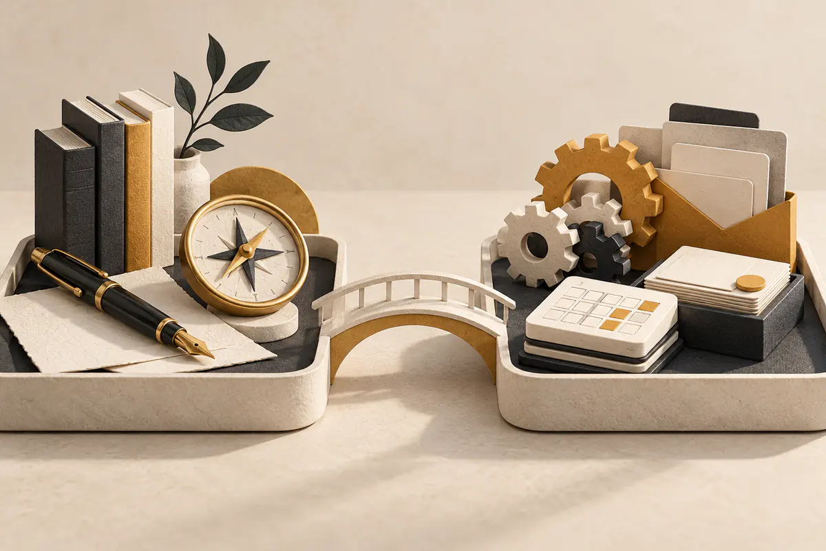 Two complementary work trays connected by a bridge: one holds a fountain pen and judgment compass, the other holds repetitive-task gears envelope and calendar tiles, balanced human and AI responsibilities.