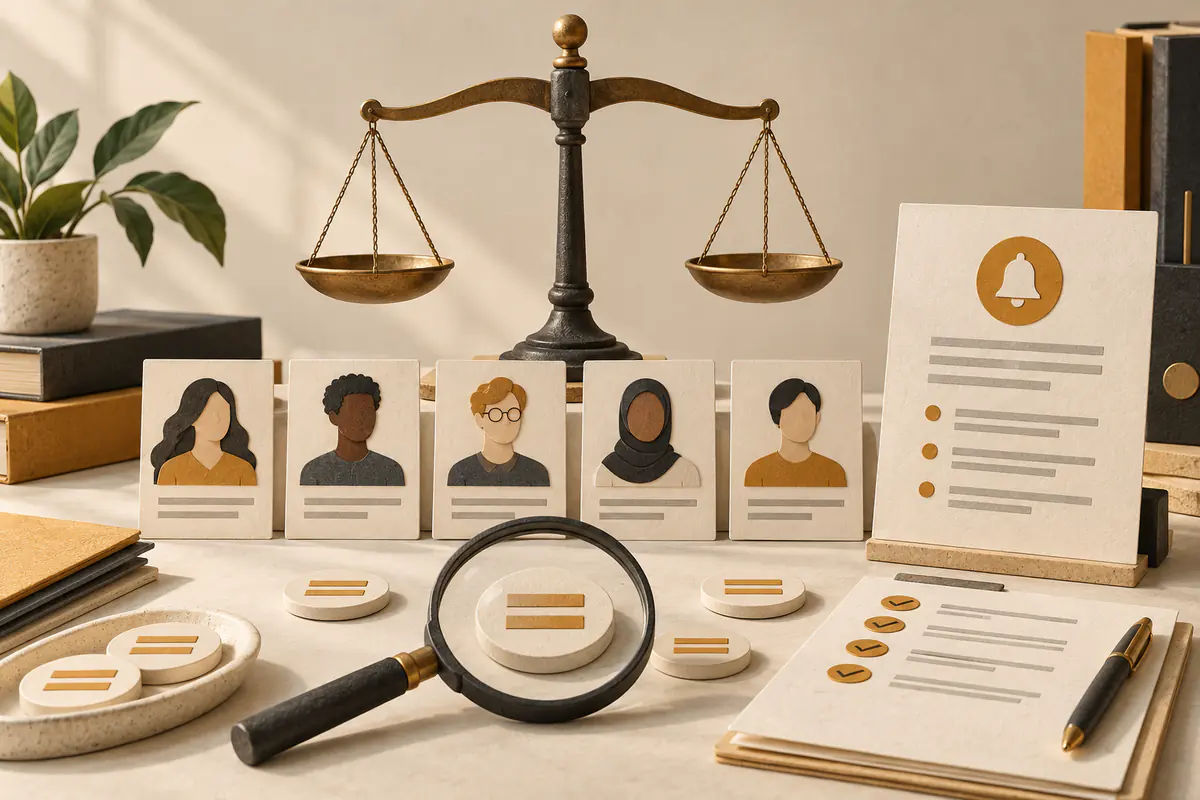 A balanced legal scale above a diverse set of neutral candidate-profile cards, a magnifier inspecting equal evaluation tokens and a plain notice sheet, fair hiring audits and vendor scrutiny.