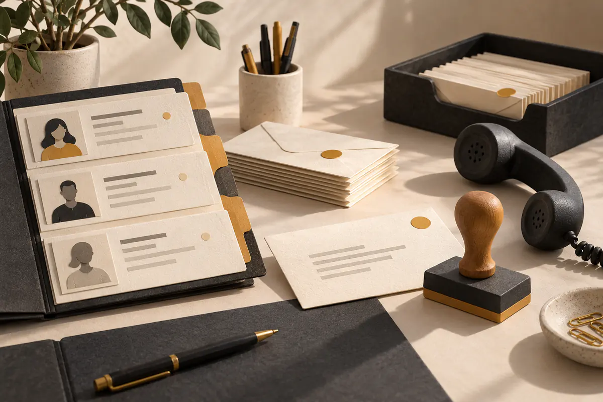 An outbound sales workbench with a tidy prospect folder, crafted envelopes, phone handset and a human approval stamp resting before the final send tray, neutral review of AI sales capabilities.