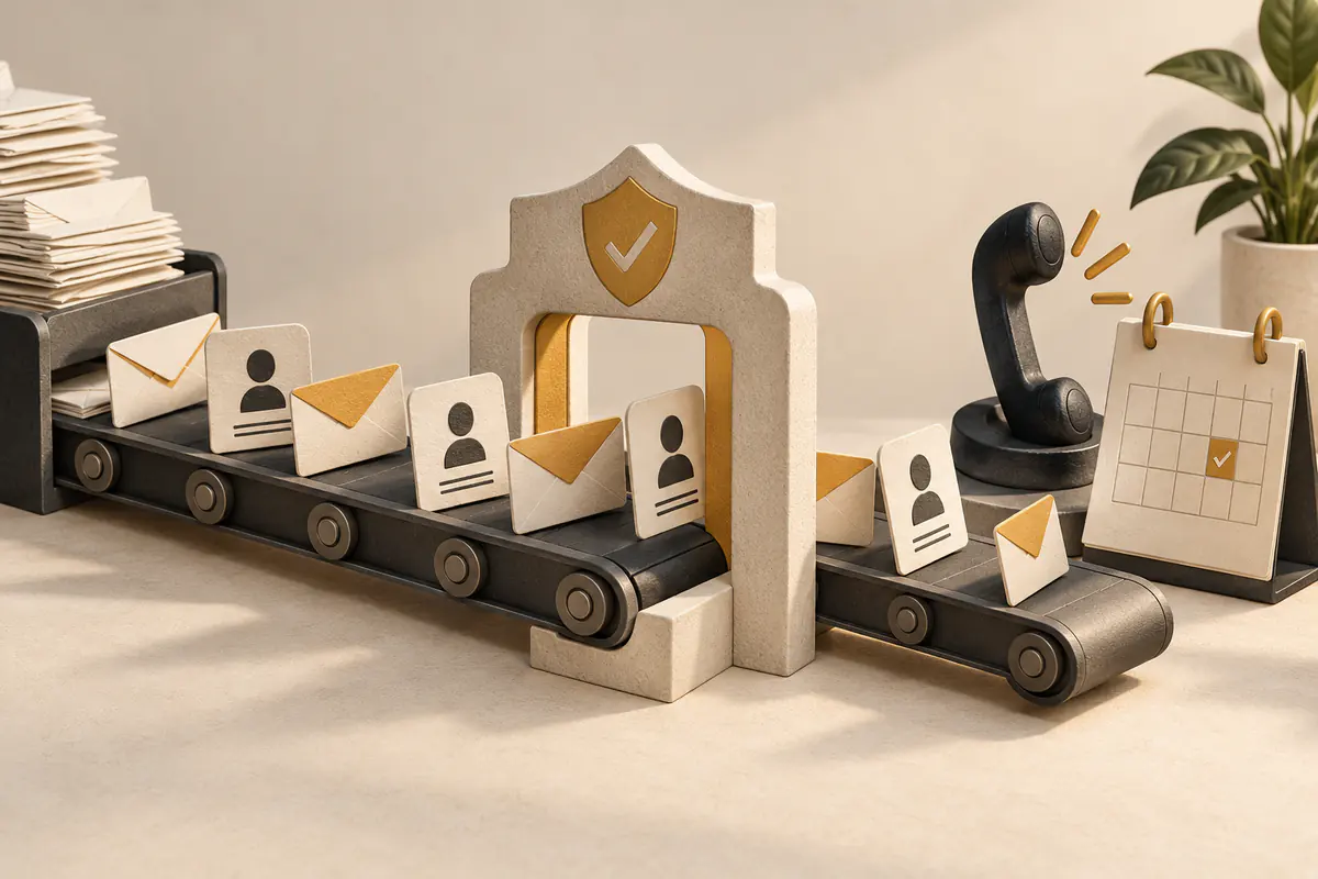 A pipeline of outbound envelopes and prospect cards passing through a small shield-shaped approval gate toward a phone and confirmed appointment calendar, safe AI sales work.