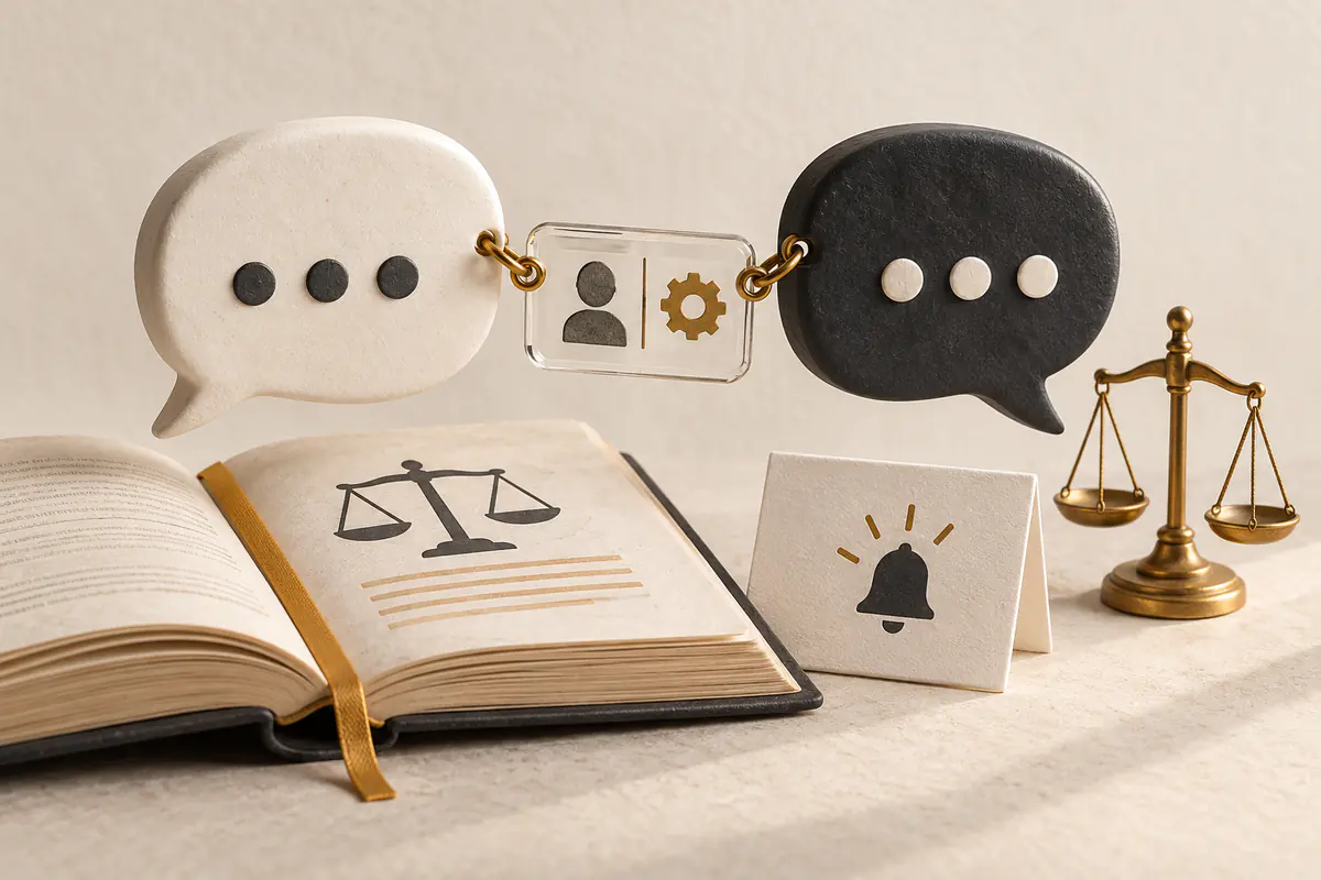 Two ceramic conversation bubbles linked by a clear identity badge and a small legal balance scale, an open rulebook and a plain notification card beside them, transparent AI communication.