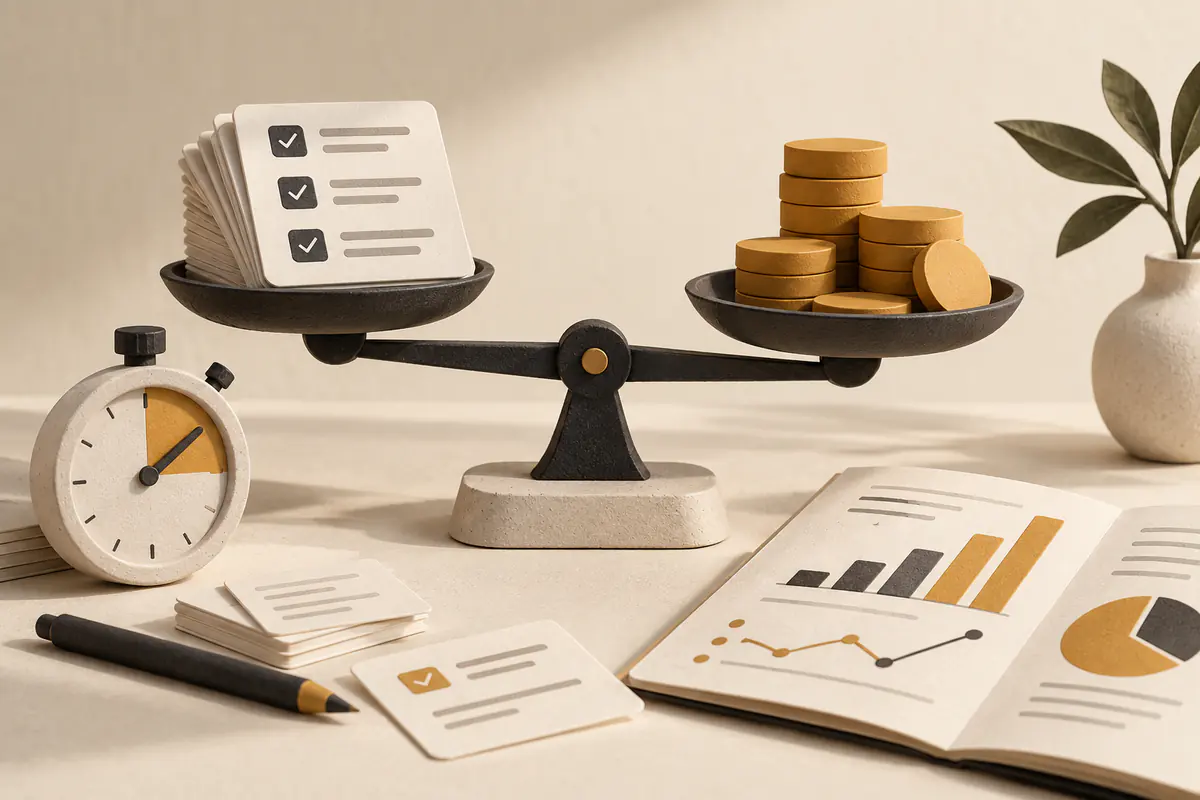 A small balance scale comparing a stack of completed work cards against ochre cost tokens, a stopwatch and an open performance worksheet showing the idea of employee return on investment.