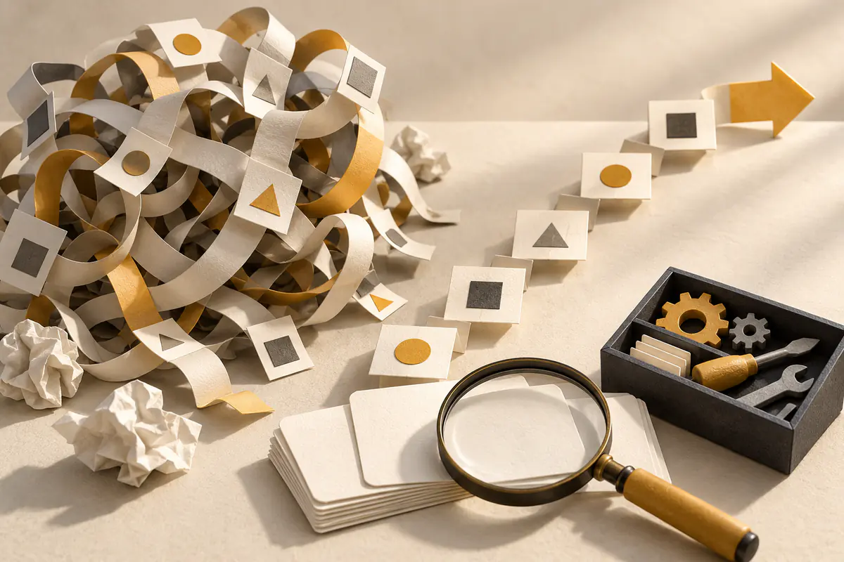 A tangled pile of paper workflow ribbons beside a neat repaired task sequence, a magnifying glass over blank demo-question cards and a small toolkit, avoiding hiring mistakes through practical evaluation.