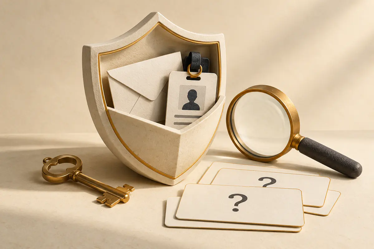 An envelope and professional identity badge protected inside a ceramic shield beside a key, magnifying glass and blank security-question cards.